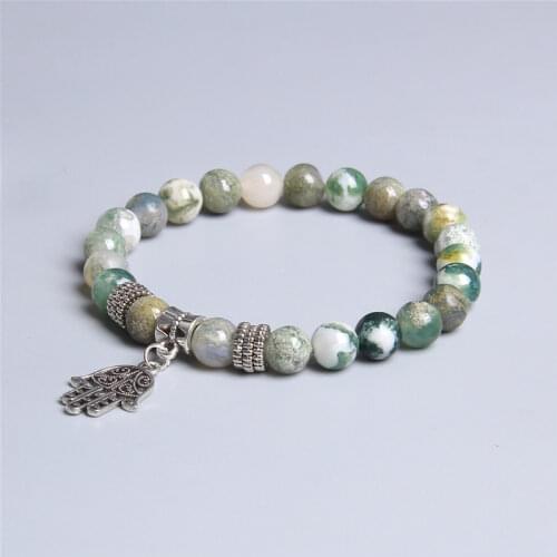 Fashion Fatima Hand Chakra Bracelet Men 8mm Natural Green Agates Beaded Yoga Bracelet Energy Jewelry for Women Female Gifts
