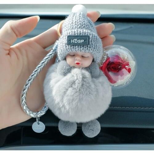 Sleeping Baby Car Key Ring Furry Plush Flower Keychain Cute Car Accessories Girls Women Ladies Gift Bag Pendant Lovely Doll