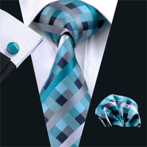 FA-553 Mens Tie Green Plaid Silk Jacquard Classic Tie Hanky Cufflinks Set Ties For Men Business Wedding Party Free Shipping