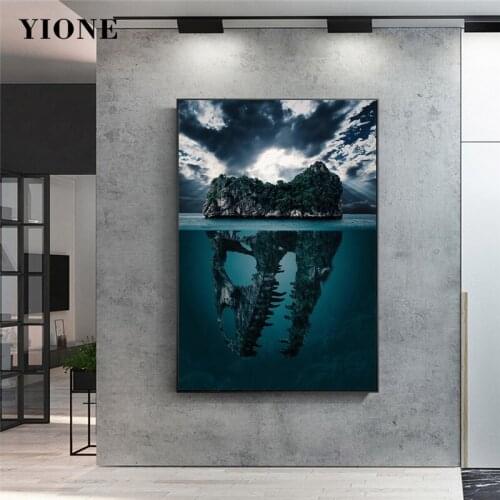Skeleton Skull Islands Canvas Painting Modern Abstract Landscape Blue Ocean Sky Art Pictures for Living Room Wall Poster Prints