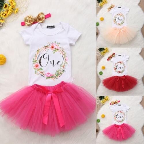 Newborn Baby Girl Flower Birthday Clothing Set Romper Tutu Tulle 3Pcs Outfit Clothes