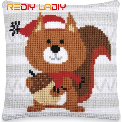 Cross Stitch Cushion Cartoon Squirrel Needlepoint Kits Pre-Printed Canvas Thick Yarn Cross-stitch Pillow Case Arts and Crafts