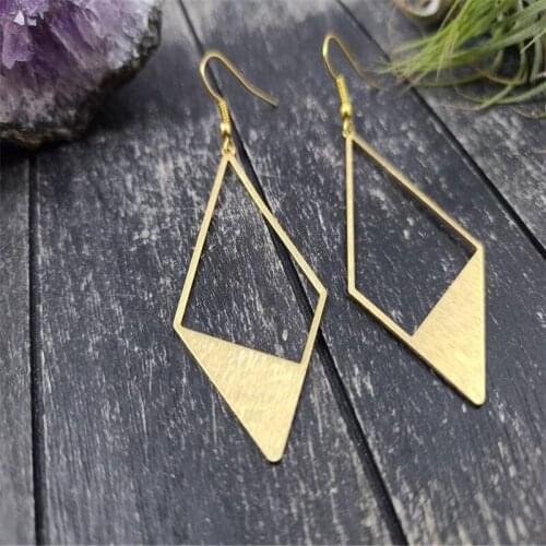 Lightweight Gold Diamond Earrings, Simple Geometric Diamond Earrings, Brush Textured Brass Diamond Statement Earrings