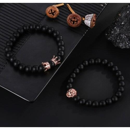 Fashion Micro Inset Crown Lion Head 4 Color Alloy Accessories Jewelry Black Pumice Stone Women Men Beads Bracelet Bangle 2/Set