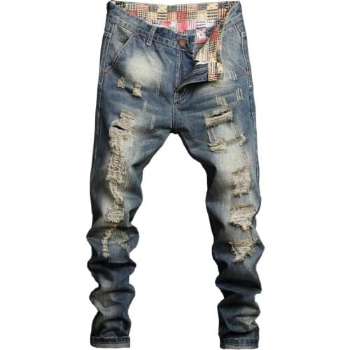 Mens Ripped Street HIP HOP Punk Stretch Bike Jeans Trendy Holes Straight Denim Trousers