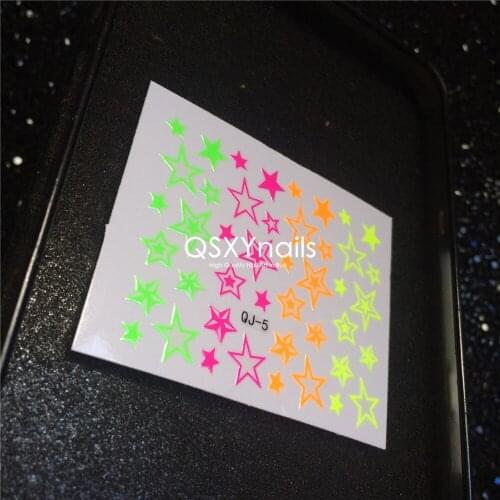 50pcs Green Pink Orange Yellow Fluorescent Five-pointed star Nail Art Adhesive Sticker Decal Decoration Size 6.5cm*5.5cm