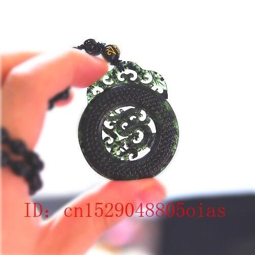Natural Black Green Chinese Jade Dragon Pendant Beads Necklace Charm Jewelry Double-sided Hollow Carved Amulet Gifts for Her Men