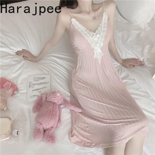 Harajpee Nightgowns Hong Kong Chic Sweet Cute Girl Home Wear Dress V-neck Lace Thin Comfortable Sexy Sleepwear Dress Fashion