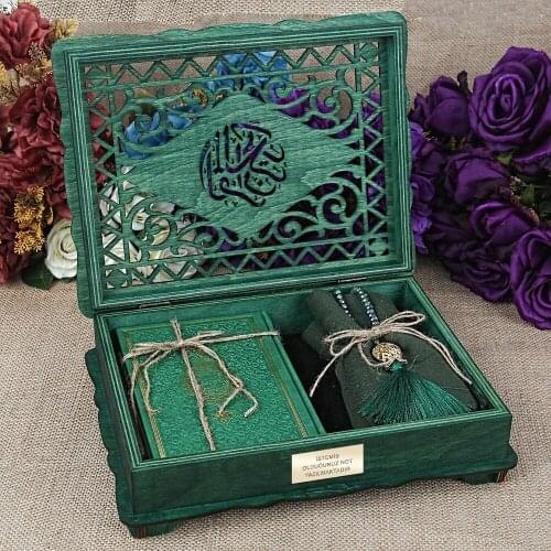 Gift Wooden Eyed Chair, Thermo Leather Quran, Shawl, Rosary Set Green Set FREE SHİPPİNG