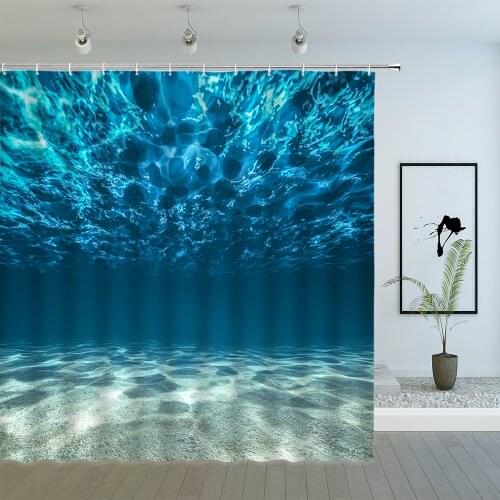 Ocean Shower Curtains Blue Seawater Light Illuminates the Seabed Sand Bathroom Decor Polyester Cloth Hanging Curtain Set