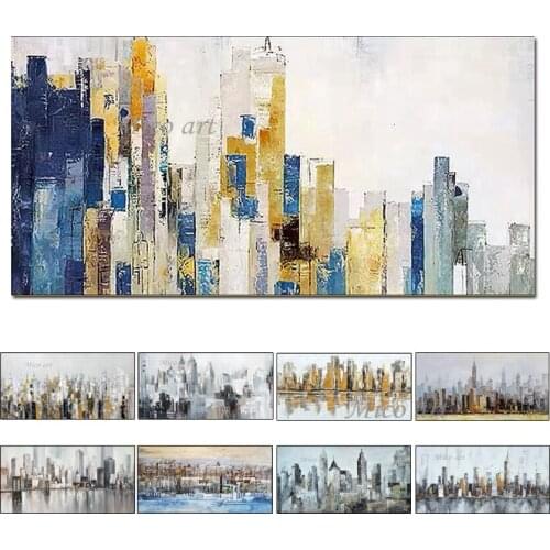 City Building 100% Hand Painted Oil Paintings on Canvas Abstract Painting Wall Picture for Living Room Home Decor Art No Framed