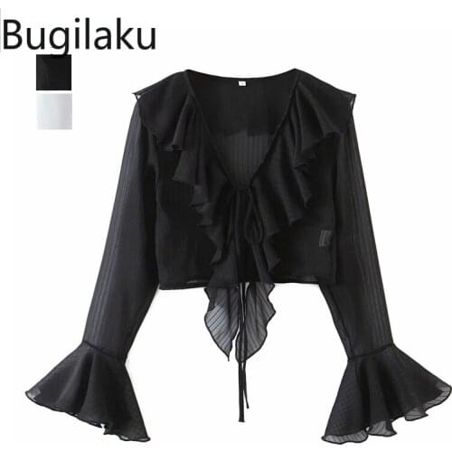 Bugilaku Women Summer New White Blouse Womenruffle Patchwork Long Sleeve Loose Shirt Temperament V Neck Lace Up Ladies Tops