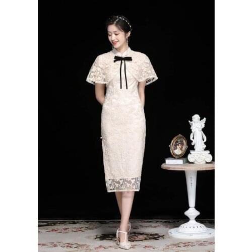 Women Clothes Improved Cheongsam Dress 2021 Spring Summer Stand Collar Short Sleeved Fine Embroidered Slim Split 2PCS Set