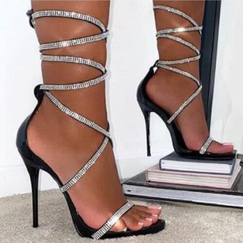 Summer New Gladiator Women Sandals Fashion Black Ankle Strap Crystal Lace-Up Open Toe High Heels zapatos de mujerstt6
