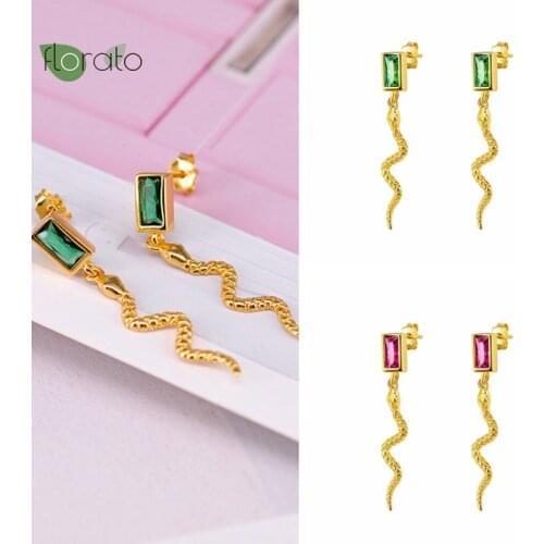 Colorful Rectangle Crystal Stud Earrings 925 Silver Ear Needle Animal CZ Snake Shape Pendant for Women Party Earrings Jewelry