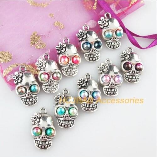 10Pcs Tibetan Silver Tone Halloween Mixed Acrylic Skulls Charms Pendants 13x22mm