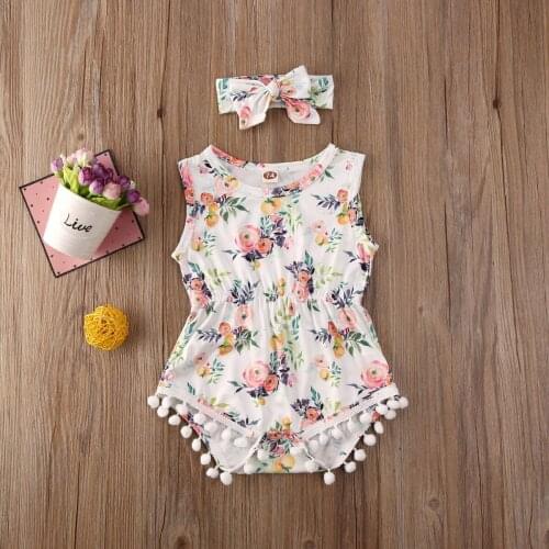 2020 Baby Summer Clothing Newborn Baby Girls Toddler Flower Tassel Ball Bodysuit Jumpsuit Sleeveless Sunsuit Outfits