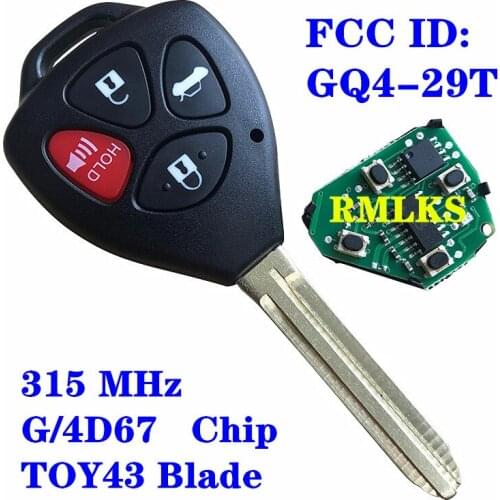 4 Buttons 315MHz G 4D67 Chip Remote Key Fob For Toyota Venza Corolla Avalon 2010 2011 2012 2013 FCC: GQ4-29T