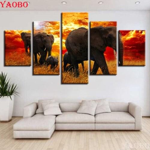 5D DIY Diamond Painting Animals Elephants Family Sunset Landscape Full Mosaic Diamond Embroidery Sets for Dining Room Decor 5pcs