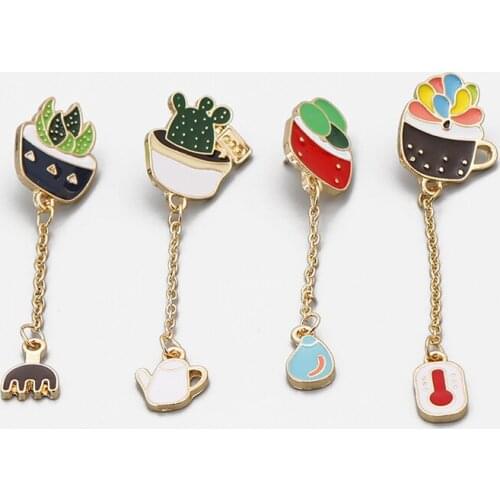 Cactus Aloe Enamel Pins Cartoon Flower Potted Plant Chain Cute Pendant Brooches Lapel Pin Fashion Badge Jewelry for Friends Gift