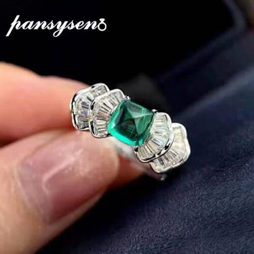PANSYSEN 1.4ct Lab Cultivated Colombian Emerald Diamond Ring New Vintage Female Personality Solid 925 Silver Fine Jewelry Rings