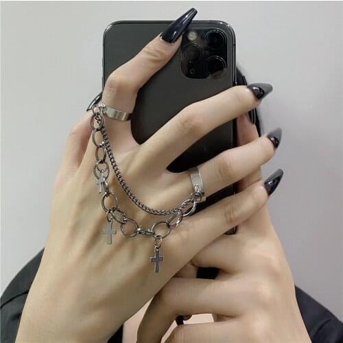 Street Fashion Punk Hip Hop Silver Color Chain Ring Set Adjustable Open Womens Ring Party Jewelry Accessories Gifts