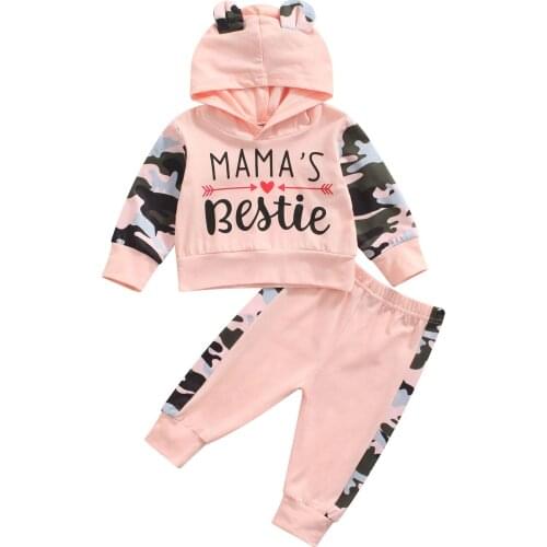 Baby Girls Two-piece Clothes Set, Camouflage and Letters Printed Pattern Hooded Pullover and Pants, Pink/ Purple