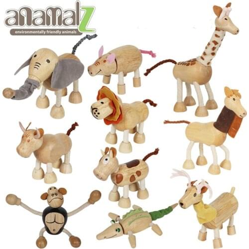 Cute Wild Animal Model Doll Toy Elephant Monkey Cow Giraffe Lion Tiger Bear Wooden Action Models Educational Toy For Children