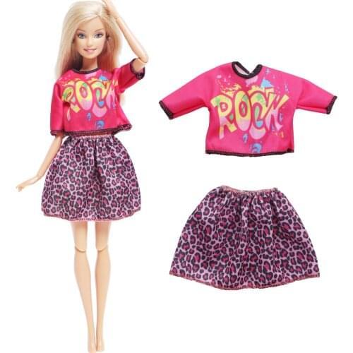 Fashion One Set Leopard Dress Red Shirt Mini Skirt Party Outfit Fashion Cool Dress Clothes for Barbie Doll Accessories Baby Toys