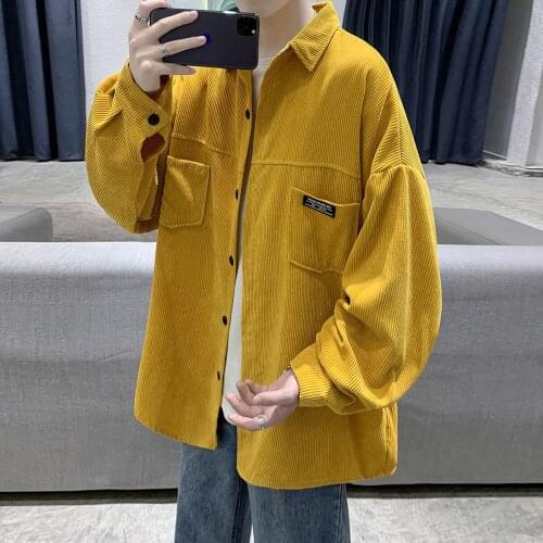 Mens Fashion Clothing Trends Shirt Loose Black Yellow Fashion Youth 2021 Autumn and Winter Casual Shirts Solid Men Shirt