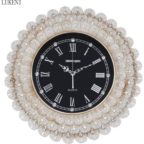 European Style Clock Retro Large Living Room Round Wall Clock Creative Diamond Wall Clock Clock Silent Wall Watch 16 Inches