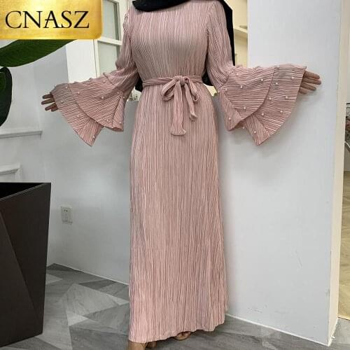 2020 Latest Design Modest Evening Clothes Long Sleeves With Pearl Pleated Muslim Dresses Middle East Islamic Turkey Fashion