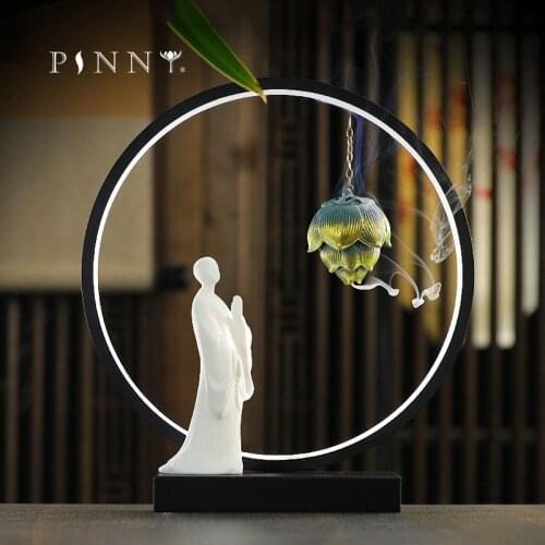 PINNY 220V LED Hanging Incense Burner Chinese Zen Style Backflow Censer Buddha Incense Base Home Decoration Accessories