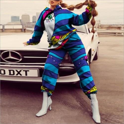 RMSFE 2021 Autumn And Winter Womens Long Sleeve Cap Collar Fashion Print Texture Casual Sports 2-Piece Set