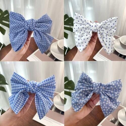 Korea oxygen sense blue bow hairpin floral wave point top clip clip lattice net red female hairpin hair accessory