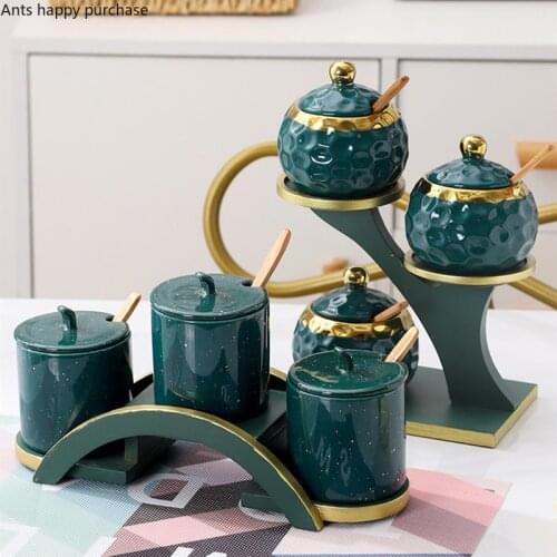 Green Ceramic Seasoning Pot Three-piece Suit Trapezoid / Arch / Tree Frame Kitchen Spice Box with Wooden Base Spice Container