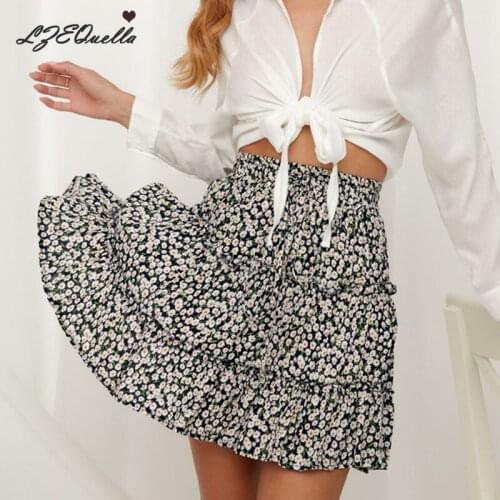 LZEQuella Floral Print Ruffle Summer Boho Skirt Women A Line High Waist Pleated Short Skirts Casual Holiday Beach Skirt NZ1184