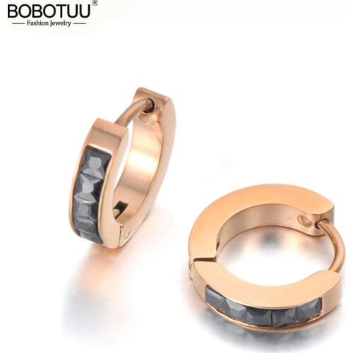 BOBOTUU Titanium Stainless Steel Cubic Zirconia Hoop Earrings Jewelry For Women Fashion Black Crystal Bohemia Earrings BE19179