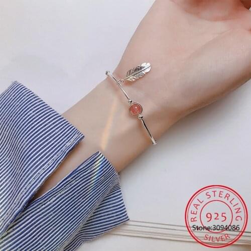 925 Sterling Silver Sweet Strawberry Crystal Bead Bangle Bracelet Feather Pendant Bracelet Women Jewelry S-B374