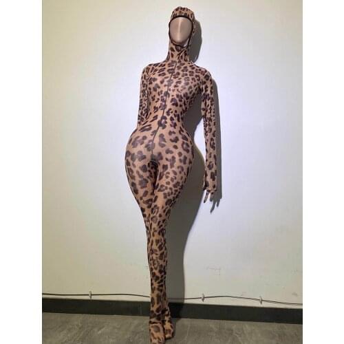 Nightclub Party Sexy Hooded Leopard Jumpsuit Women Stretch Skinny Full Cover Rompers Dancer Bodysuit Stage Performance Outfits