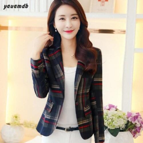 S-xxl Women Blazer Spring Autumn Female Cotton Suits Plaid Jacket Slim Office Wear Mujer Brand Outerwear Casual Coat Y63