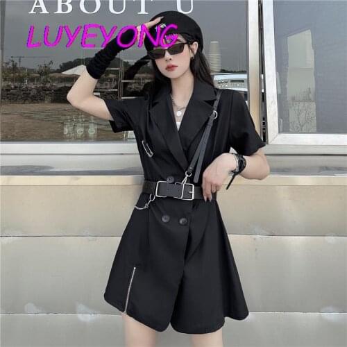 Summer Double Breasted Zipper Cross V Neck Dresses Black Cool Punk Street Lady Dress Short Sleeve Gothic PU Belt Harajuku Cloth
