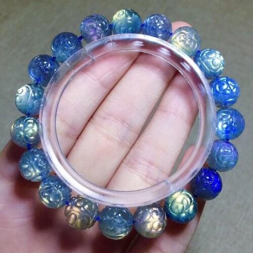 Genuine Natural Blue Light Labradorite Crystal 10.5mm Clear Carved Beads Bracelet Women Necklace Grey Moonstone Stone AAAAA