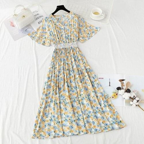 2021 New Women Summer Long Dress Korean Vintage Ruffled Cotton linen Dresses V-neck Sundress Floral Print Holiday Beach Dress