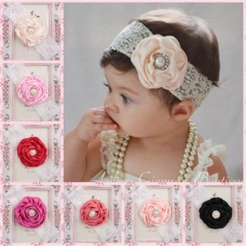 10 Colors Lace Pearl Crystal Flowers Headwear Baby Girls Elastic Headbands Jewelry Toddler Photography Props Kids Gifts