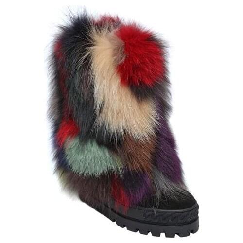 2017 Hot Winter Women Fashion Rainbow Fur Height Increasing Zip Back Thick Heel Wedge Short Ankle Boots Mid-calf Booties size 42