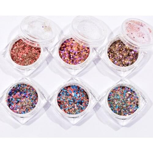 6Colors/Set Mixed Size Colorful Nail Glitter Sequins Decals Sparkly Hexagon Flakes Powder 3D Nails Art Decorations Sequins HJ/A8