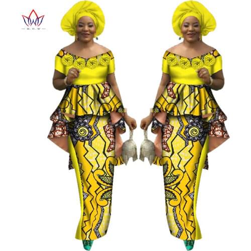 2021 BintaRealWax Customized New African Tops and Skirt and Headcap Sets for Women African Clothing Wedding Suits WY2636