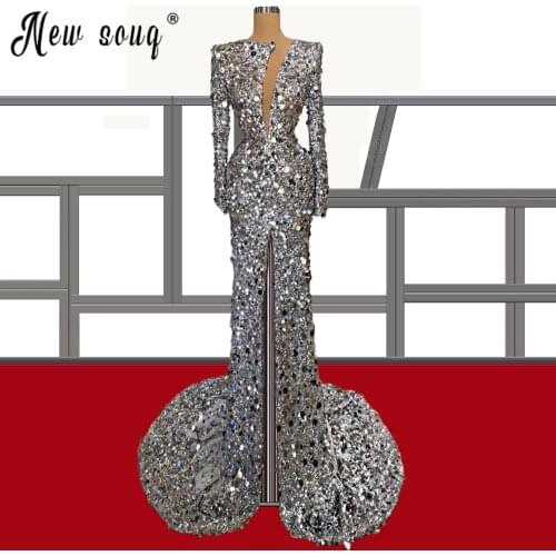 Dubai Sparkly Evening Gowns with Split Side Glitter Red Carpet Runway Gowns Robes Prom Dresses Party Dress