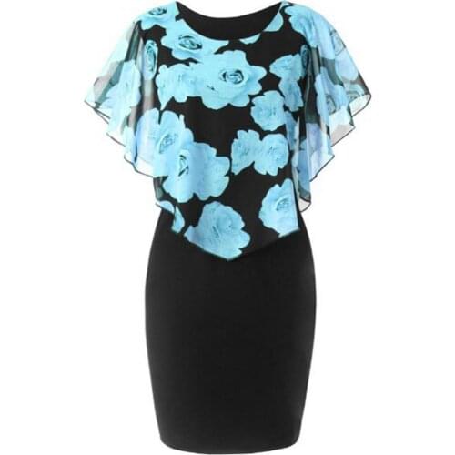 Ele-choices Plus Size Elegant Office Lady Rose Flower Print Cape Bodycon Knee Length Dress for Daily